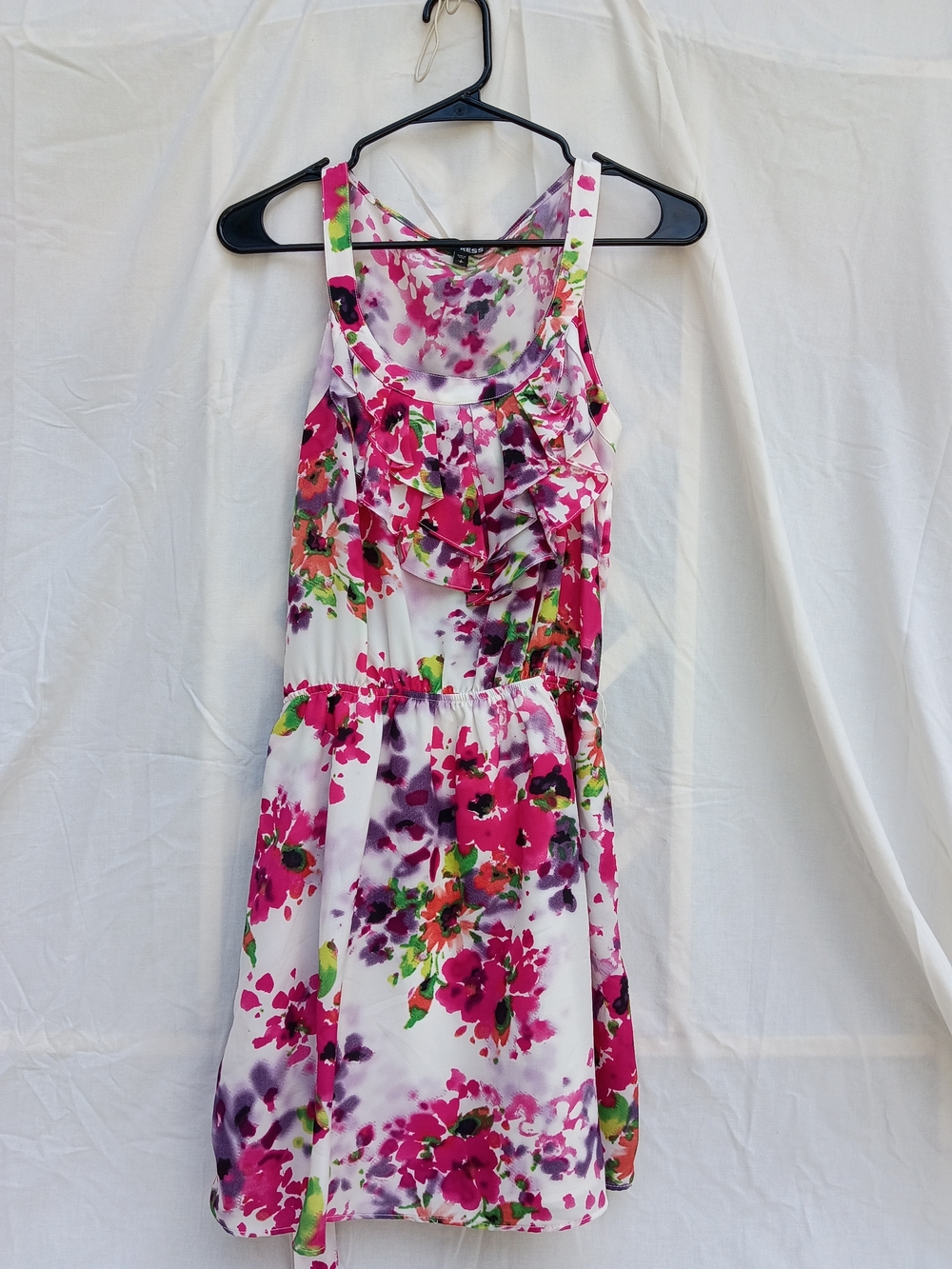 Express Floral Ruffle Mini Dress in White, Pink and Purple